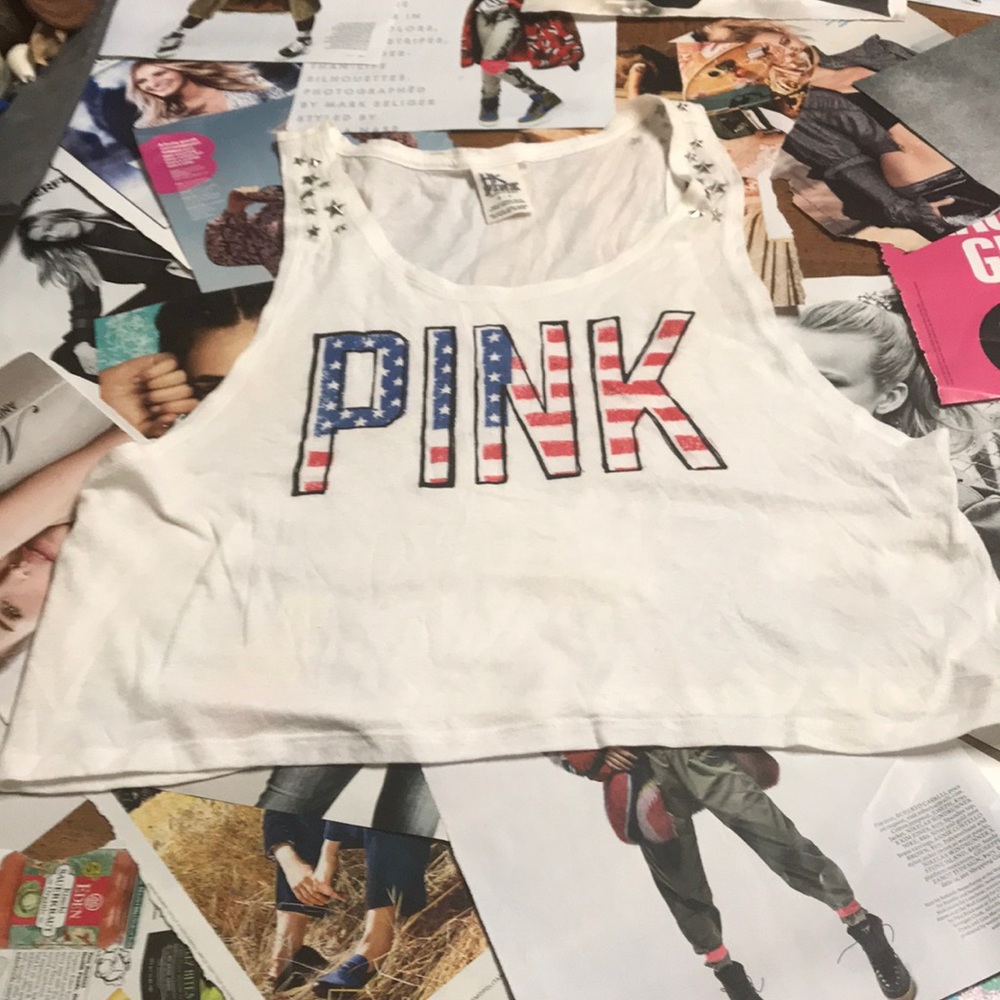 Red, White, and Blue VS crop top with stat details